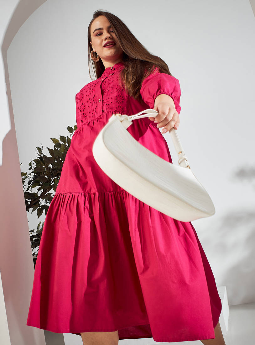 Schiffli Textured Midi Tiered Dress with Mandarin Collar-Midi-image-1