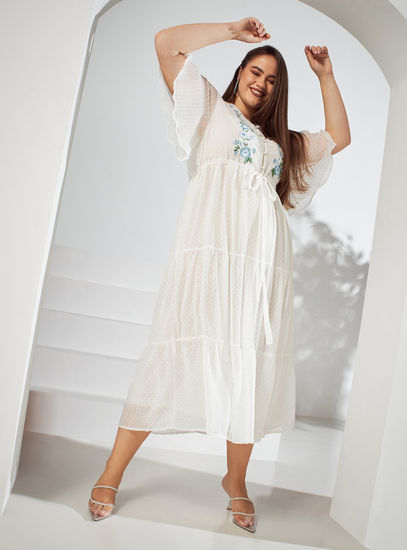 All-Over Dobby Textured Embroidered Tiered Maxi Dress with Flared Sleeves-Maxi-image-0