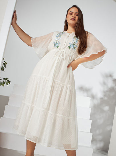 All-Over Dobby Textured Embroidered Tiered Maxi Dress with Flared Sleeves-Maxi-image-1