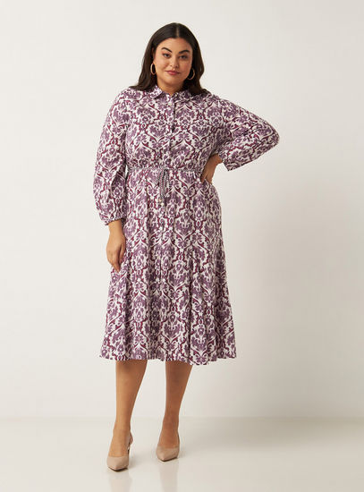 All Over Print Shirt Dress with Tie-Ups and Volume Sleeves-Midi-image-0