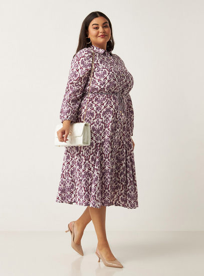 All Over Print Shirt Dress with Tie-Ups and Volume Sleeves-Midi-image-1
