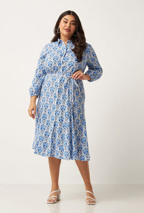All Over Print Shirt Dress with Tie-Ups and Volume Sleeves