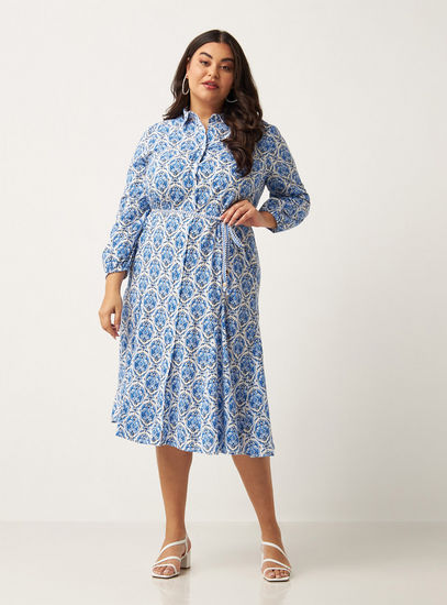 All Over Print Shirt Dress with Tie-Ups and Volume Sleeves-Dresses & Jumpsuits-image-0