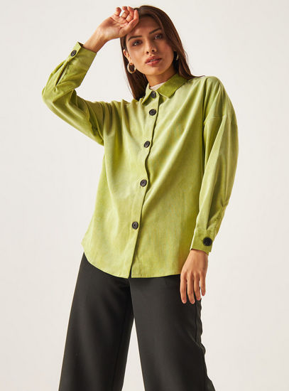 Solid Corduroy Shirt with Coconut Buttons and Spread Collar