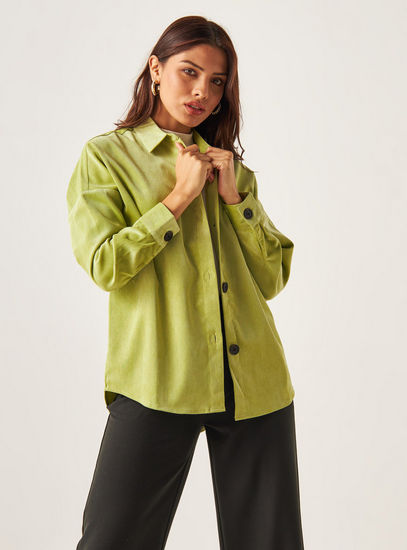 Solid Corduroy Shirt with Coconut Buttons and Spread Collar-Shirts & Blouses-image-1