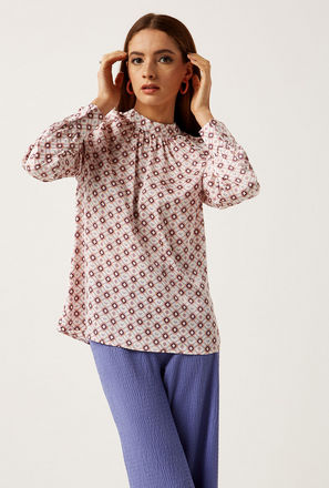 Printed Satin Top with High Neck and Button Detail