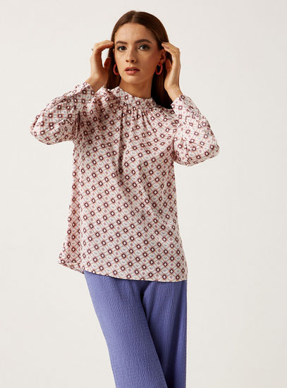 Printed Satin Top with High Neck and Button Detail-Blouses-image-0