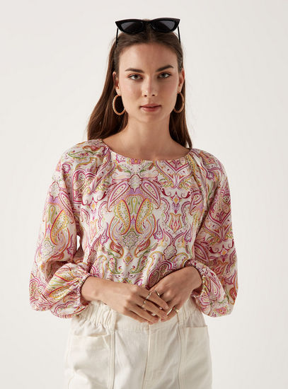 All Over Paisley Print Top with Long Sleeves-Blouses-image-1