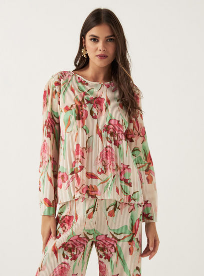 Plissé Print Top with Round Neck and Long Sleeves-Blouses-image-0