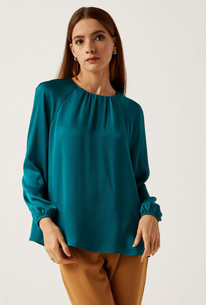 Solid Round Neck Satin Top with Volume Sleeves