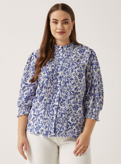 All-Over Floral Print Top with Ruffle Neck and Pintuck Detail