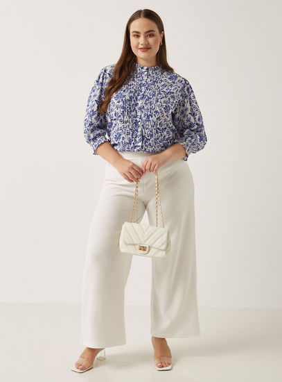All-Over Floral Print Top with Ruffle Neck and Pintuck Detail