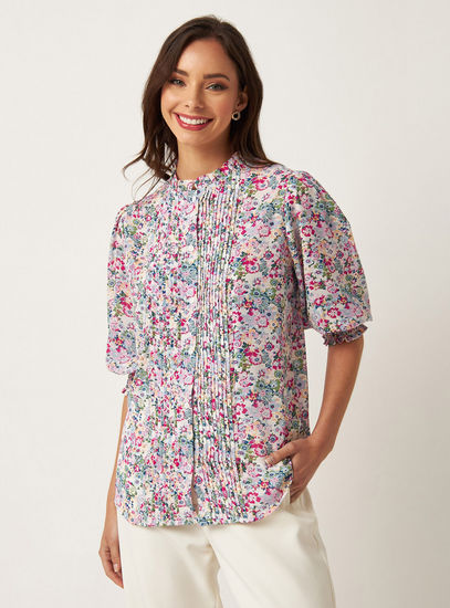 All-Over Floral Print Top with Ruffle Neck and Pintuck Detail-Blouses-image-0