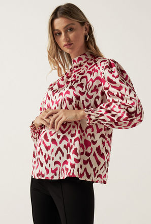 All-Over Print Satin Top with High Collar and Long Sleeves