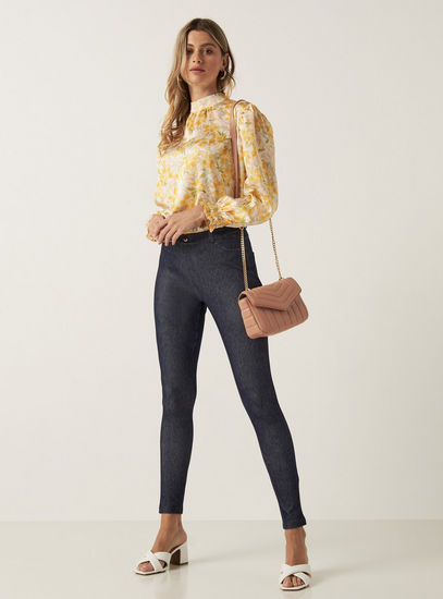 All-Over Print Satin Top with High Collar and Long Sleeves-Blouses-image-1