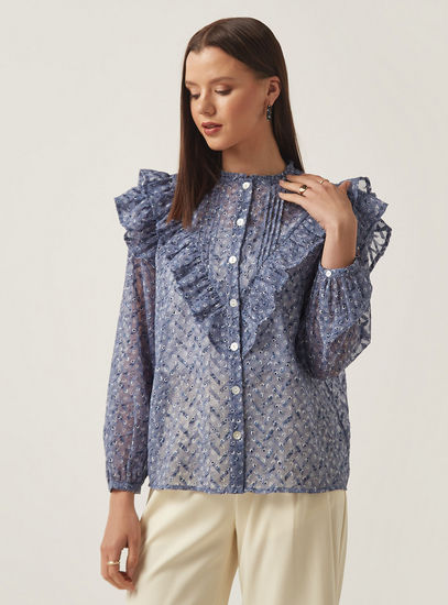 Floral Textured Frill Detail Top-Blouses-image-0