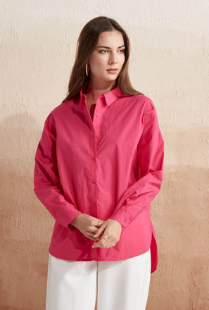 Solid Poplin Oversized Shirt with Spread Collar and Long Sleeves