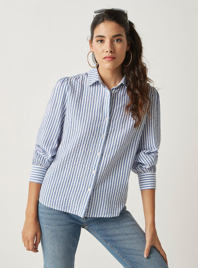 Striped Seersucker Shirt with Long Sleeves and Button Closure