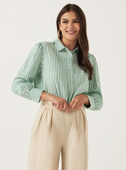 Striped Seersucker Shirt with Long Sleeves and Button Closure