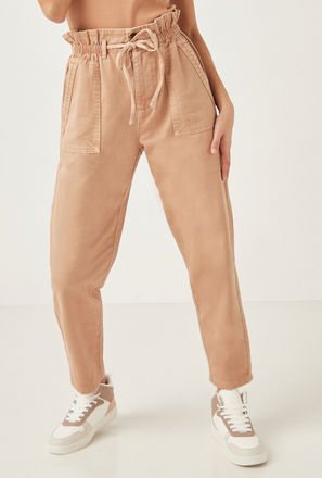 Solid High-Rise Paperbag Waist Jeans with Drawstring Closure and Pockets