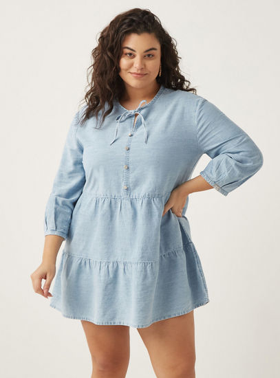 Tiered Mini Denim Dress with Tie-Ups-Blouses-image-0
