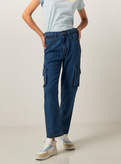 Solid Mom Fit Jeans with Button Closure and Pocket