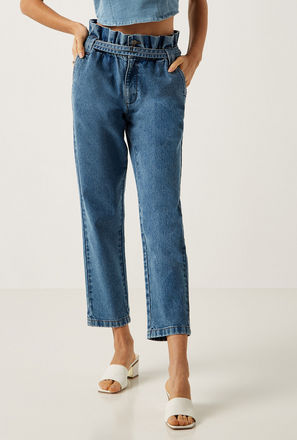 Solid Mom Jeans with Paper Bag Waist and Belt Detail
