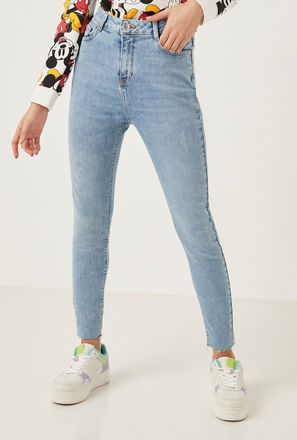 Solid Sculpt Skinny Fit Cropped Jeans with Button Closure and Pockets