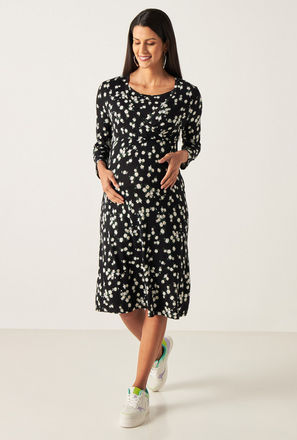 All Over Floral Print Maternity Wrap Dress with Long Sleeves