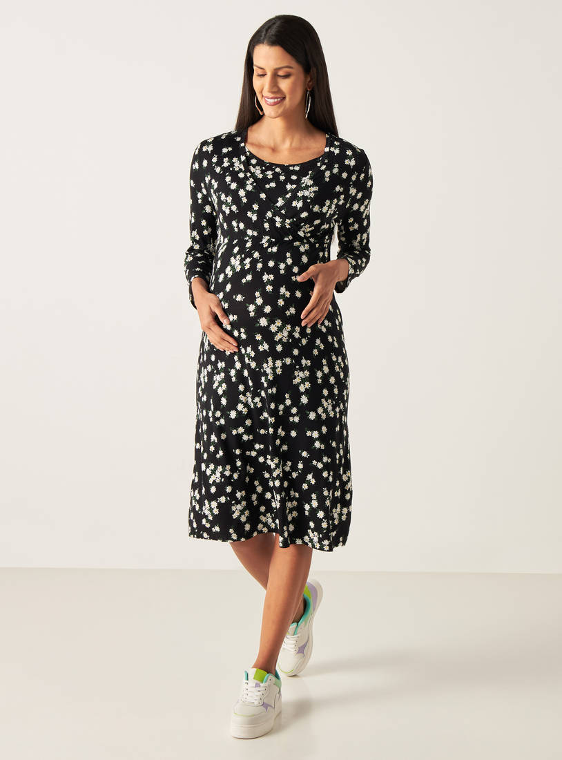All Over Floral Print Maternity Wrap Dress with Long Sleeves-Midi-image-0