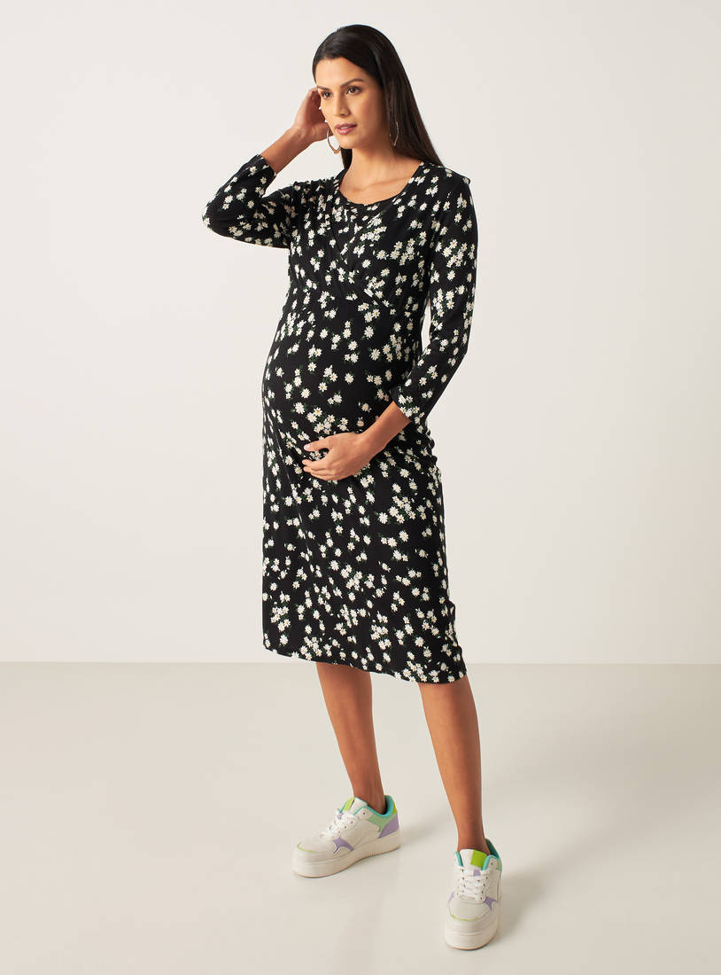 All Over Floral Print Maternity Wrap Dress with Long Sleeves-Midi-image-1
