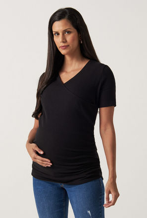 Ribbed Maternity Top with V-neck and Short Sleeves-mxwomen-clothing-maternityclothing-topsandtshirts-1