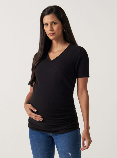 Ribbed Maternity Top with V-neck and Short Sleeves-Tops & T-shirts-image-0