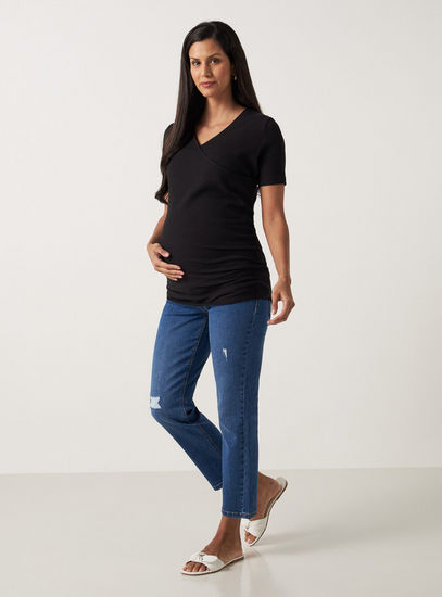 Ribbed Maternity Top with V-neck and Short Sleeves-Tops & T-shirts-image-1