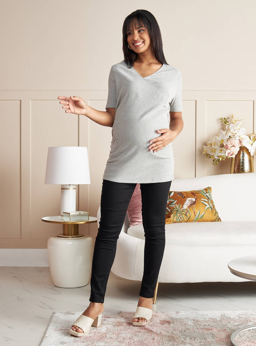 Ribbed Maternity Top with V-neck and Short Sleeves-Tops & T-shirts-image-1