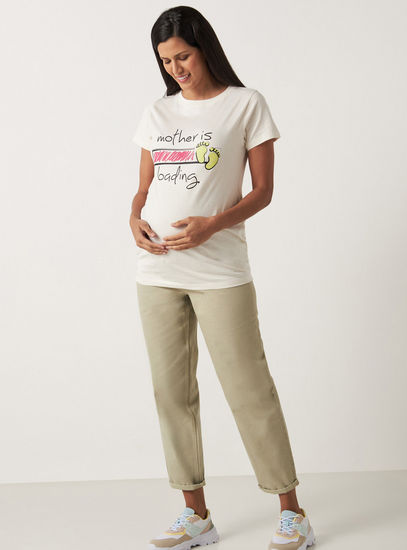 Slogan Print Maternity T-shirt with Short Sleeves and Round Neck-Tops & T-shirts-image-1