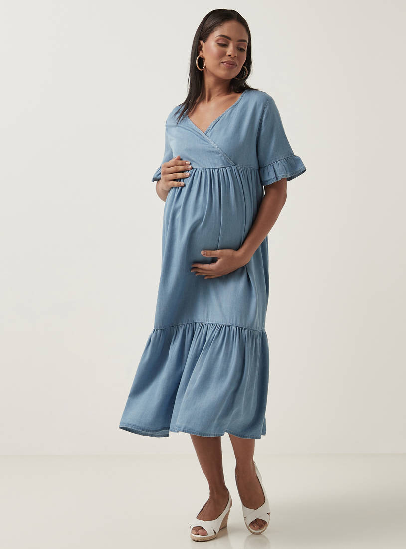 Plain Maternity Midi Dress with Ruffles-Midi-image-0
