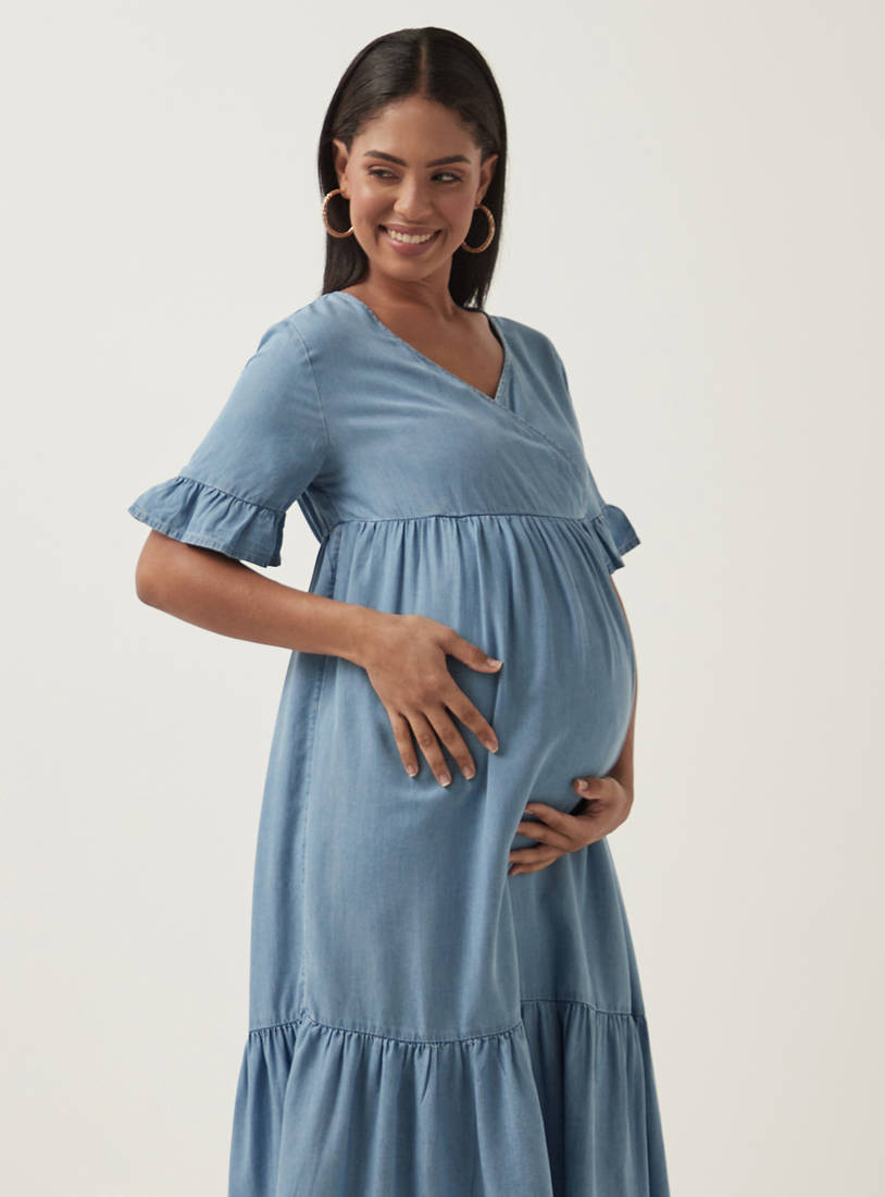Plain Maternity Midi Dress with Ruffles-Midi-image-1
