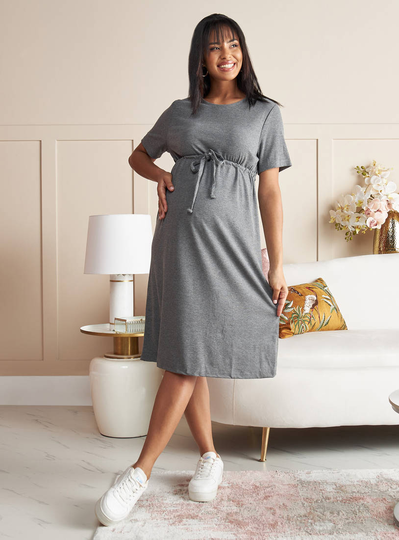 Solid Round Neck Maternity Dress with Short Sleeves and Tie-Up Detail-Knee-image-0