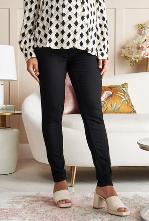 Solid Mid-Rise Denim Maternity Jeans with Button Closure and Pockets