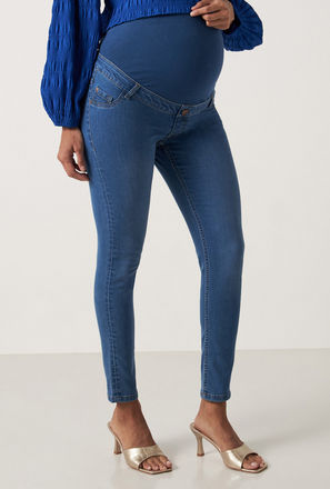 Solid Mid-Rise Denim Maternity Jeans with Button Closure and Pockets