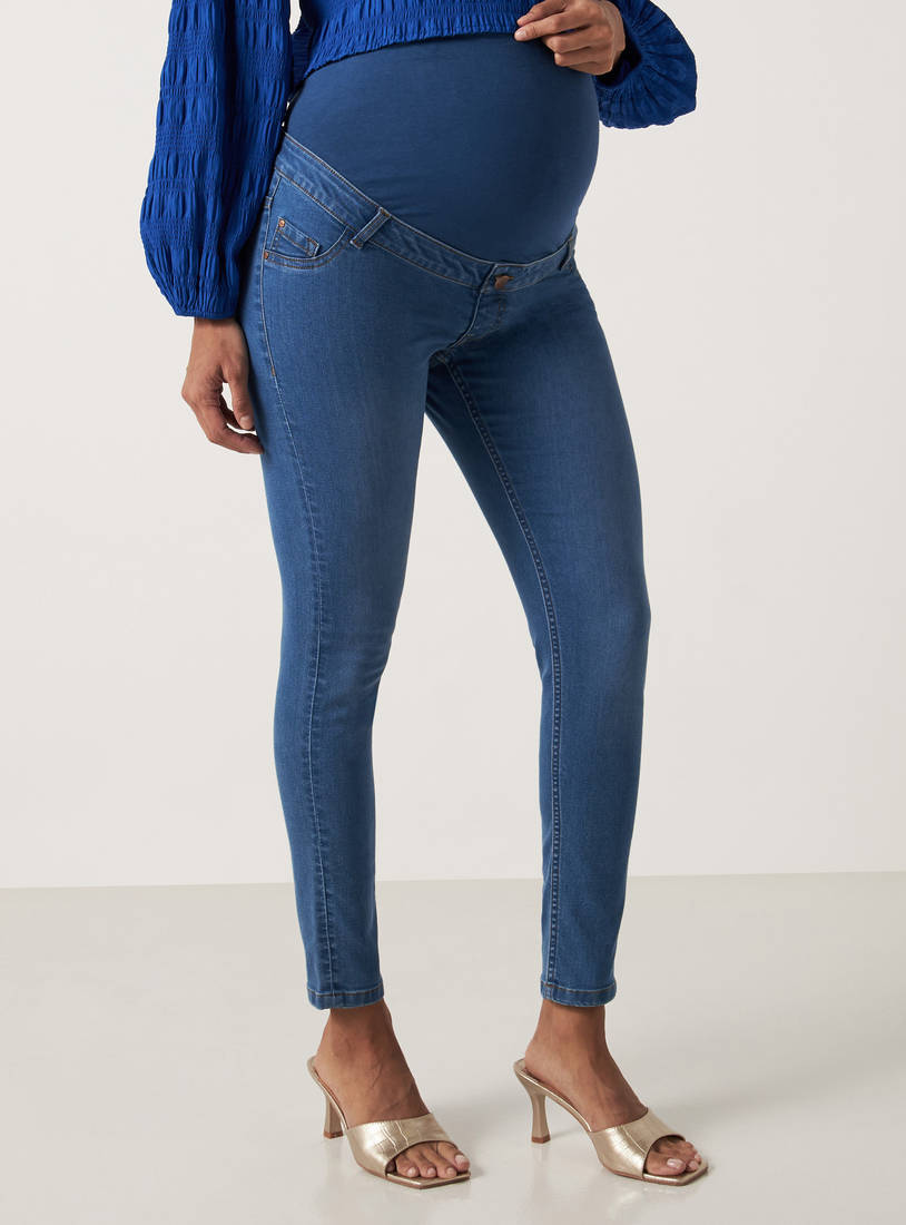 Solid Mid-Rise Denim Maternity Jeans with Button Closure and Pockets-Jeans, Pants & Leggings-image-0