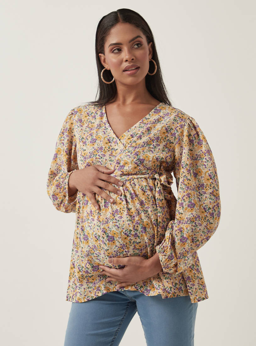 All-Over Floral Print Crinkle Maternity Wrap Top-Tops & T-shirts-image-0