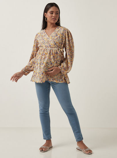 All-Over Floral Print Crinkle Maternity Wrap Top-Tops & T-shirts-image-1