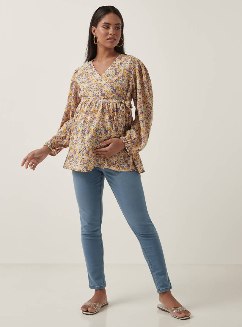 All-Over Floral Print Crinkle Maternity Wrap Top-Tops & T-shirts-image-1
