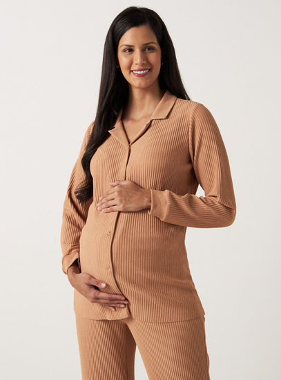 Ribbed Long Sleeves Maternity Shirt with Notch Lapel and Button Closure-Tops & T-shirts-image-0