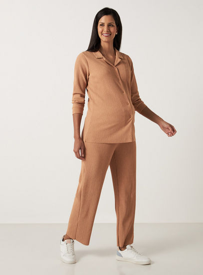Ribbed Long Sleeves Maternity Shirt with Notch Lapel and Button Closure-Tops & T-shirts-image-1
