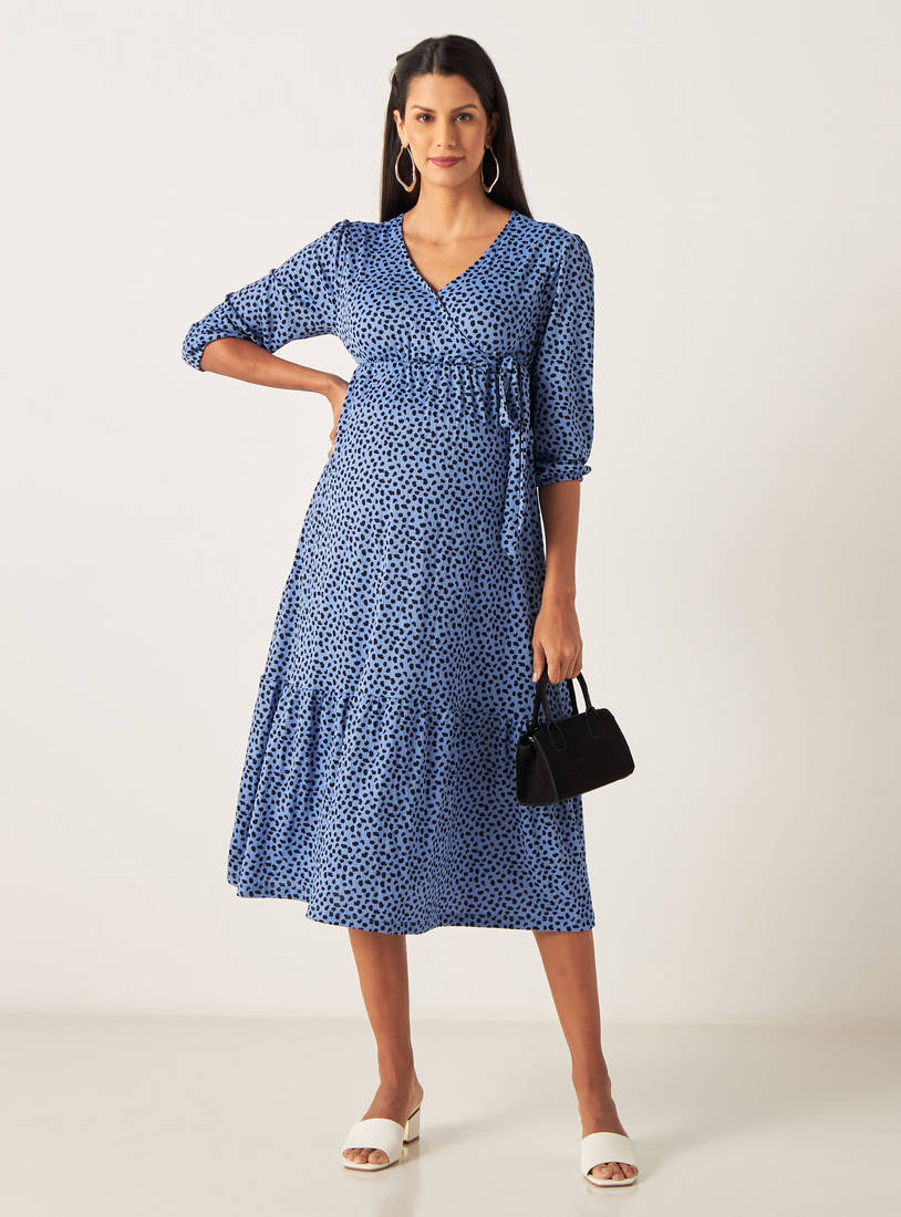 All-Over Print Tiered Maternity Wrap Dress-Midi-image-0