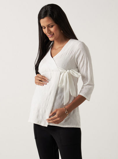Textured Maternity Wrap Top with V-neck and 3/4 Sleeves-Tops & T-shirts-image-0