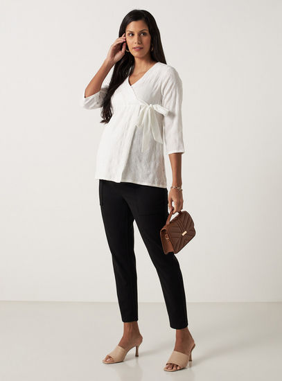 Textured Maternity Wrap Top with V-neck and 3/4 Sleeves-Tops & T-shirts-image-1